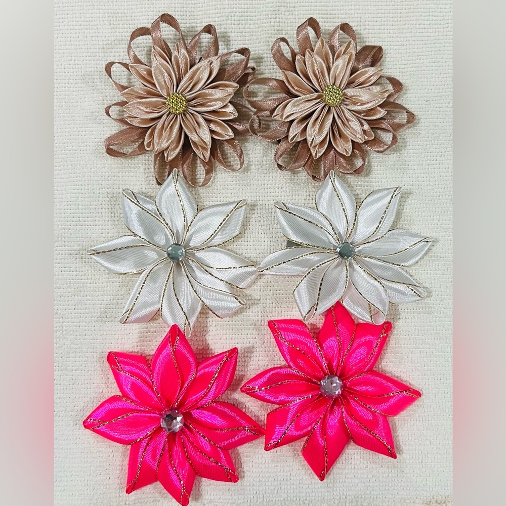 Elegant Floral Hair Clips Set - Pink, White, and Brown